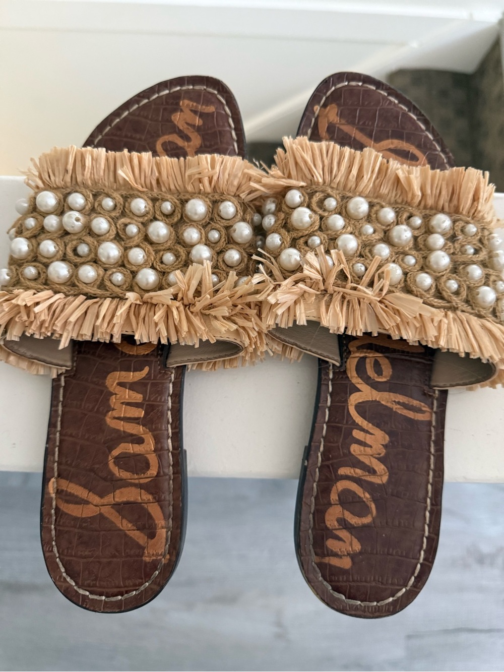 Sam Edelman Raffia & Pearl Embellished Slide Sandals in Beige